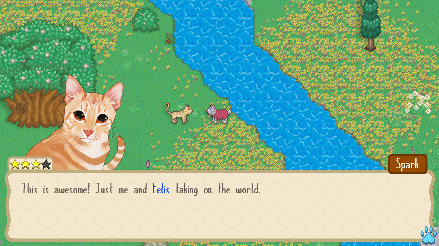 Pixel-art cat exploring the forest in Cattails: Wildwood Story