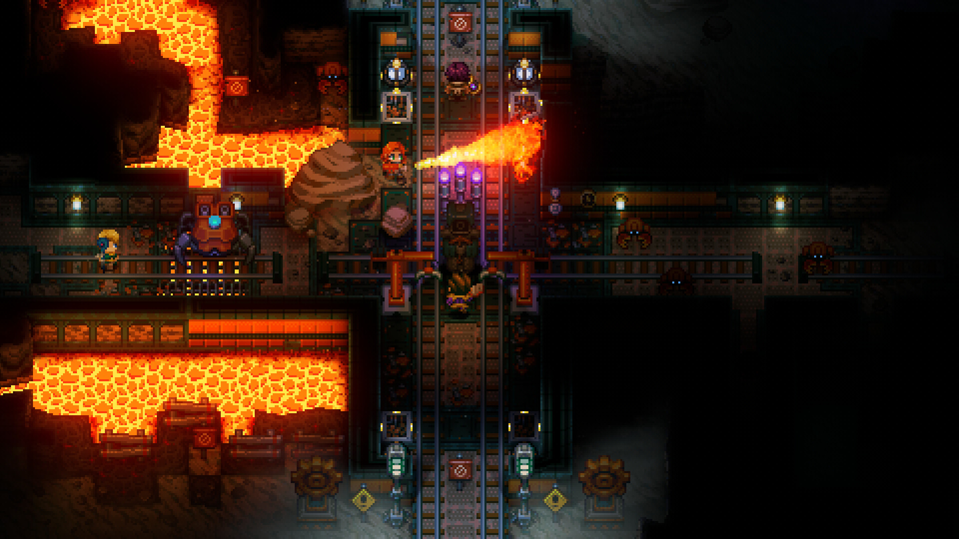 Core Keeper explorers mining an underground cavern
