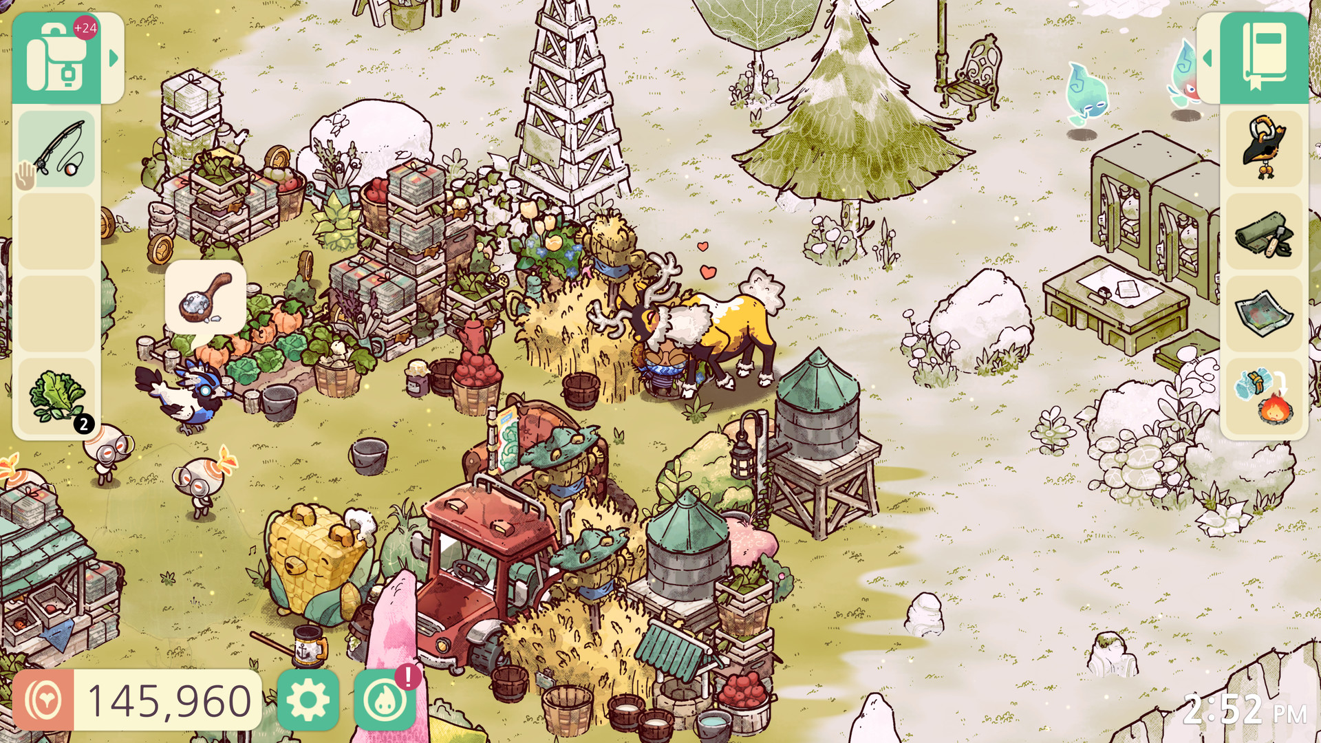 Cozy Grove haunted island campsite with a ghost bear and colorful decorations