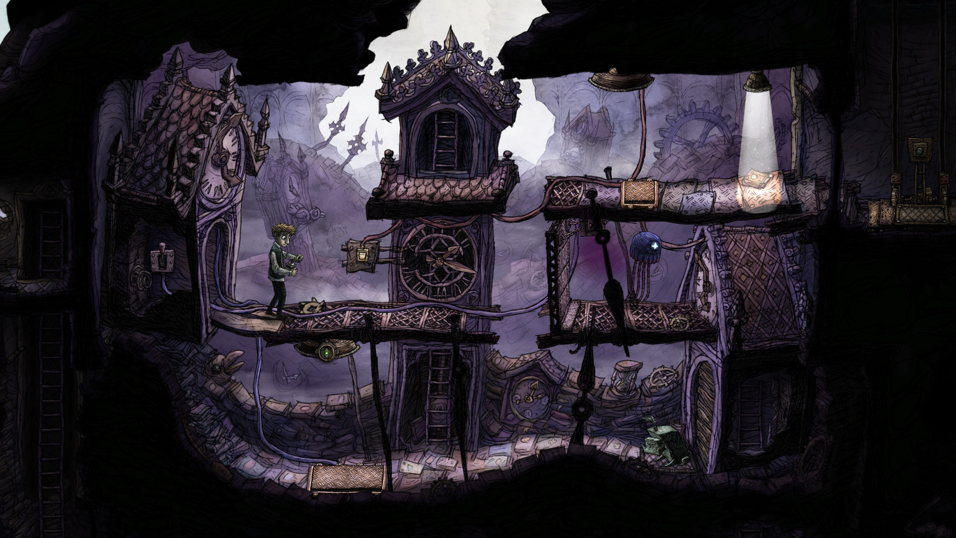 Creaks hand-drawn mansion room with lamps, ladders and a furniture monster