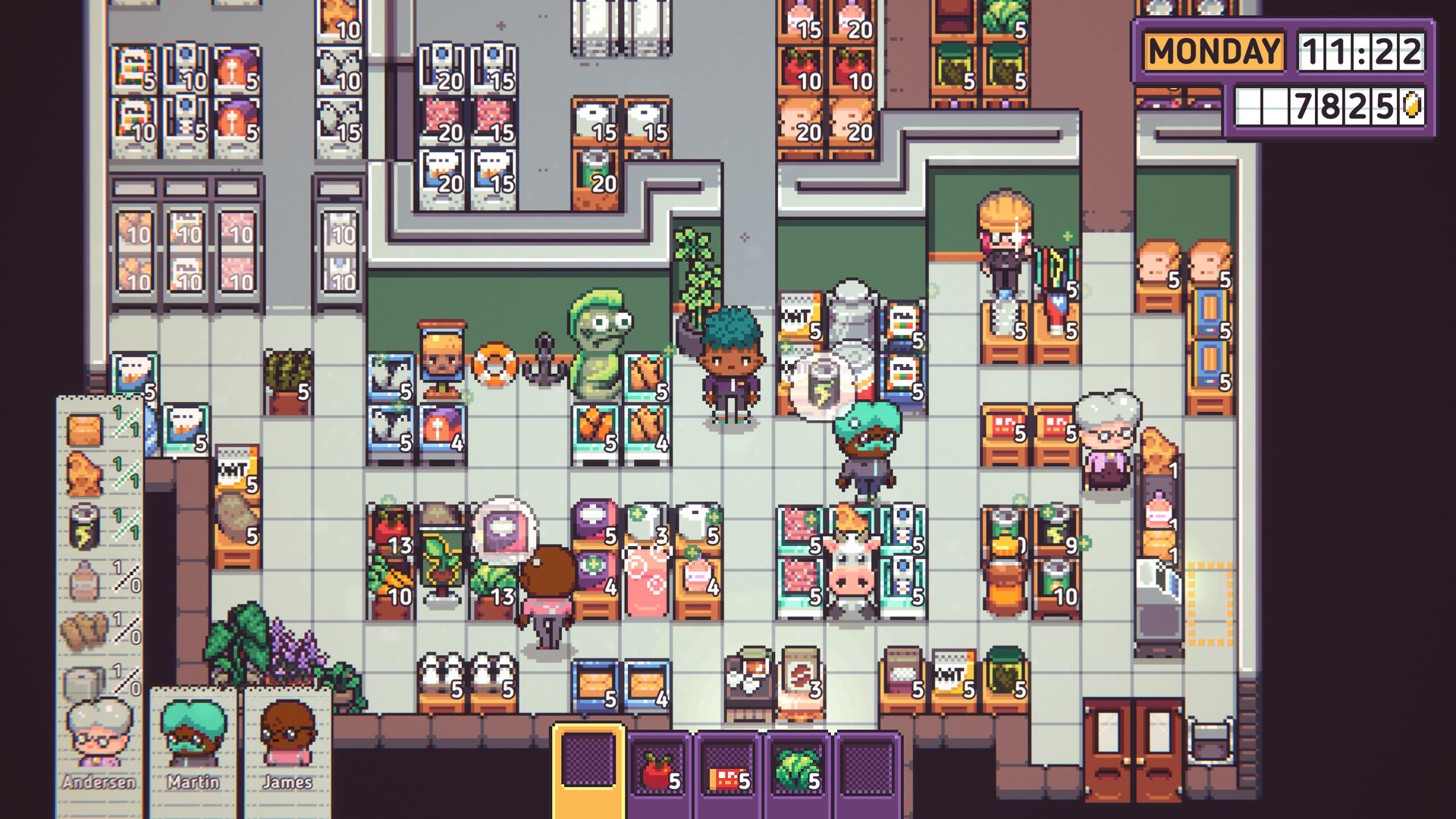 Pixel-art discount supermarket with stocked shelves in Discounty