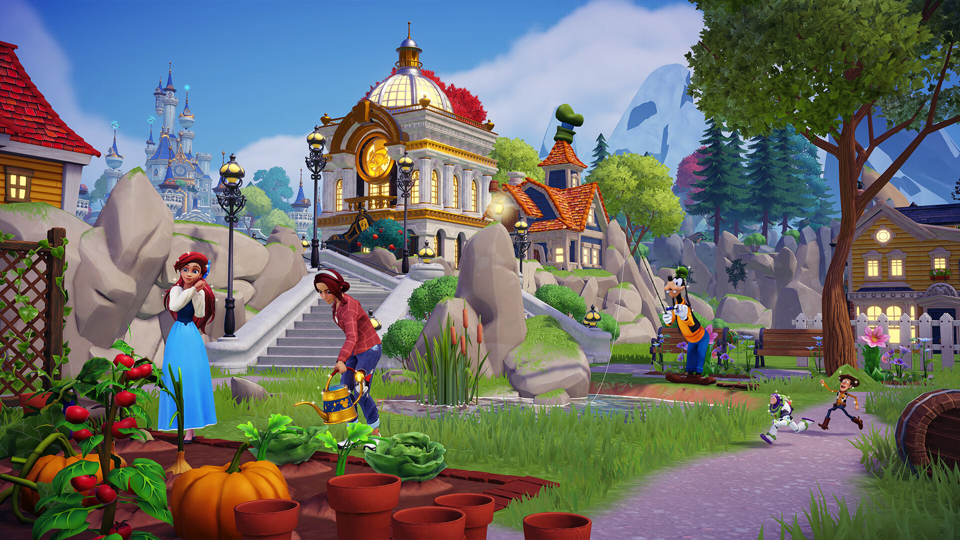 Disney Dreamlight Valley player with Disney characters in a decorated valley