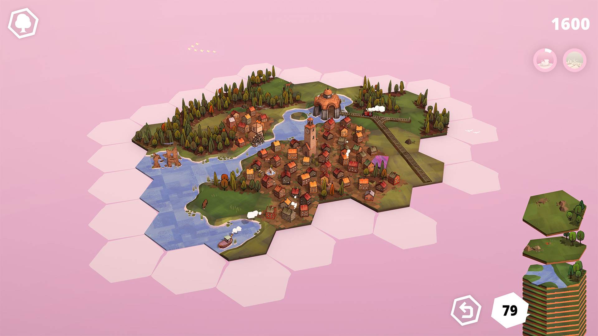 Dorfromantik countryside built from hexagon tiles with forests, villages, fields and a river