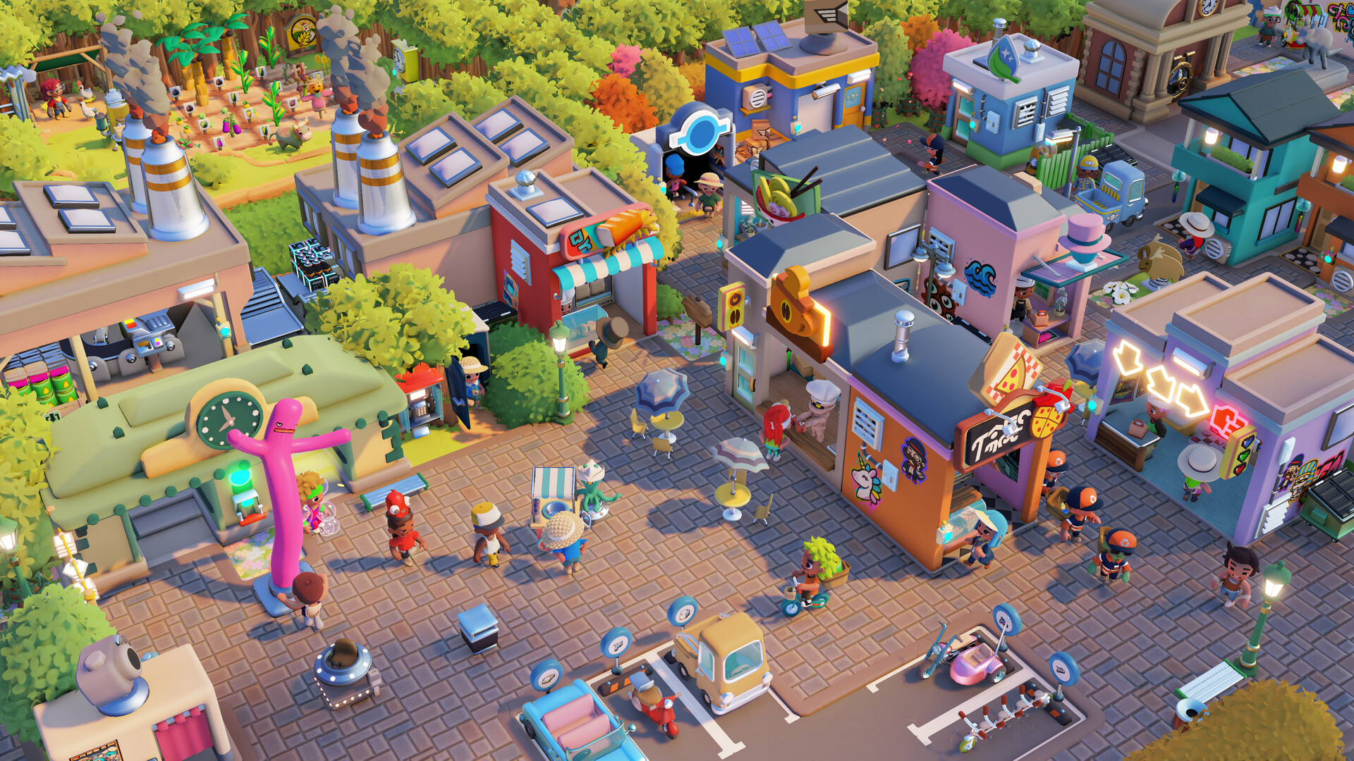 Go-Go Town! busy colorful town with shops, roads and tourists