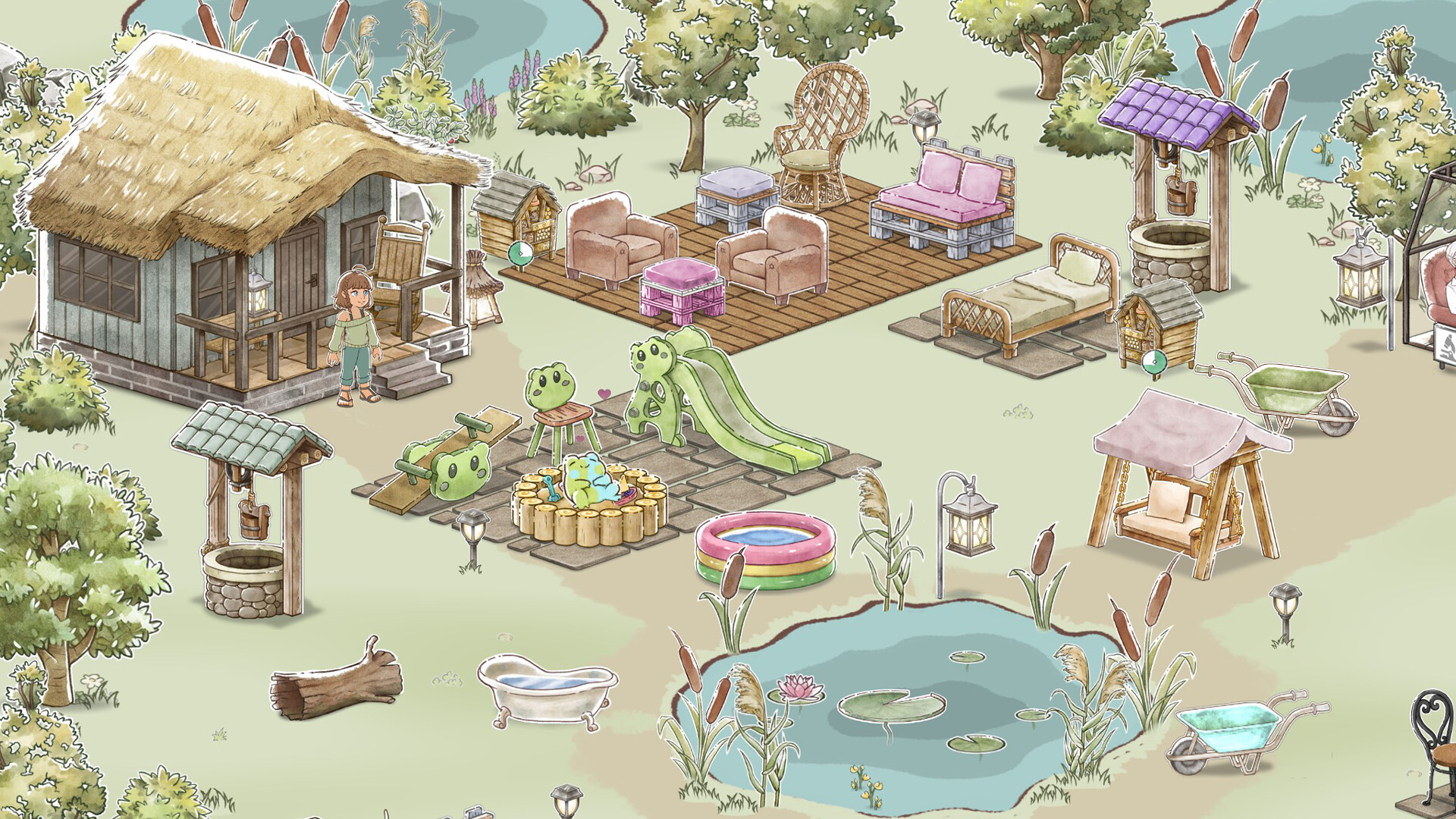 Kamaeru frog refuge with ponds, plants and colorful frogs
