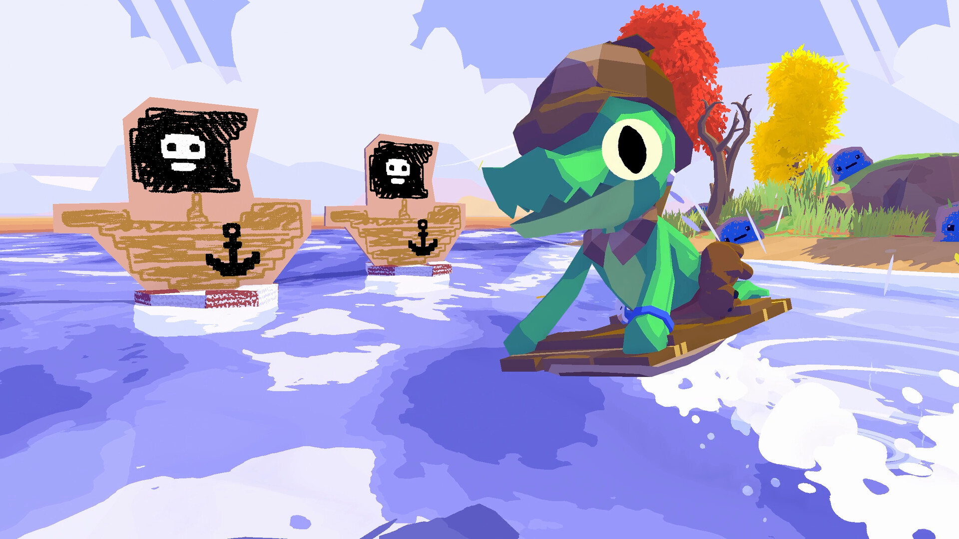 Little gator holding a stick on a sunny island in Lil Gator Game