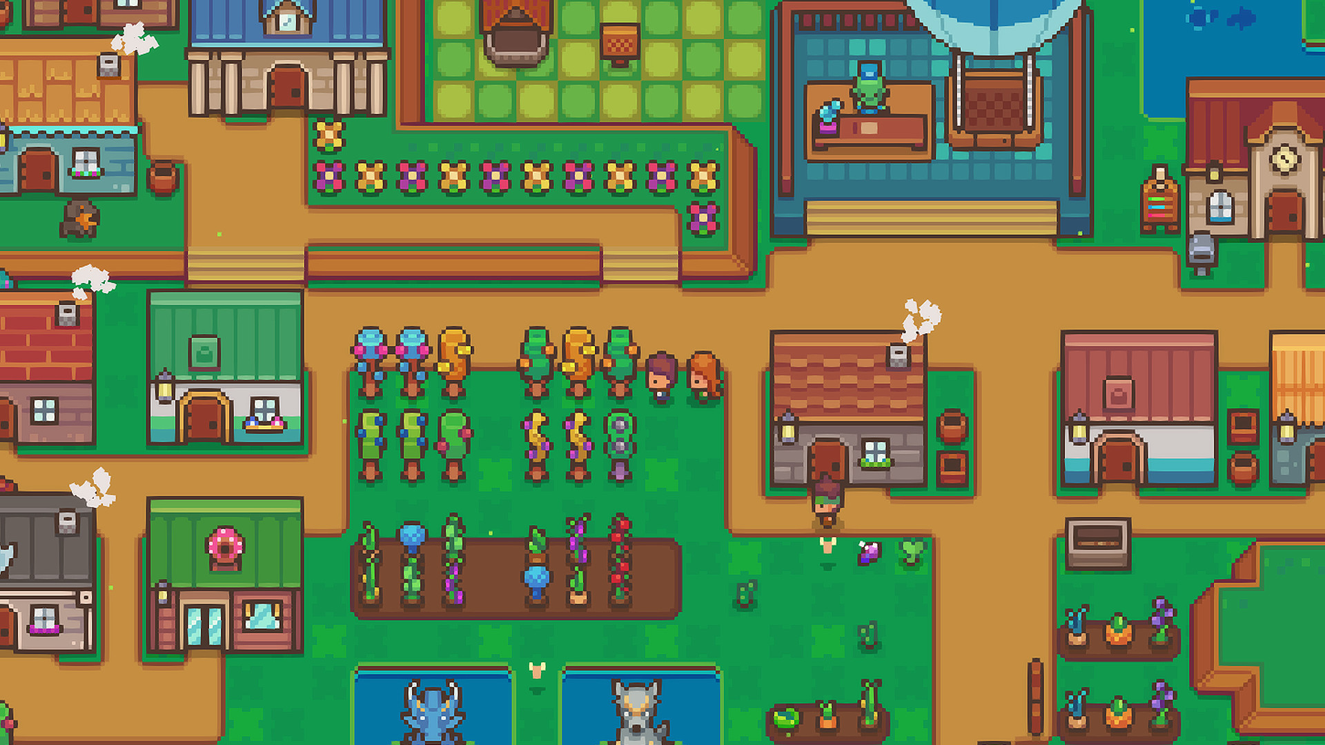 Littlewood pixel-art town with houses, paths and flower beds