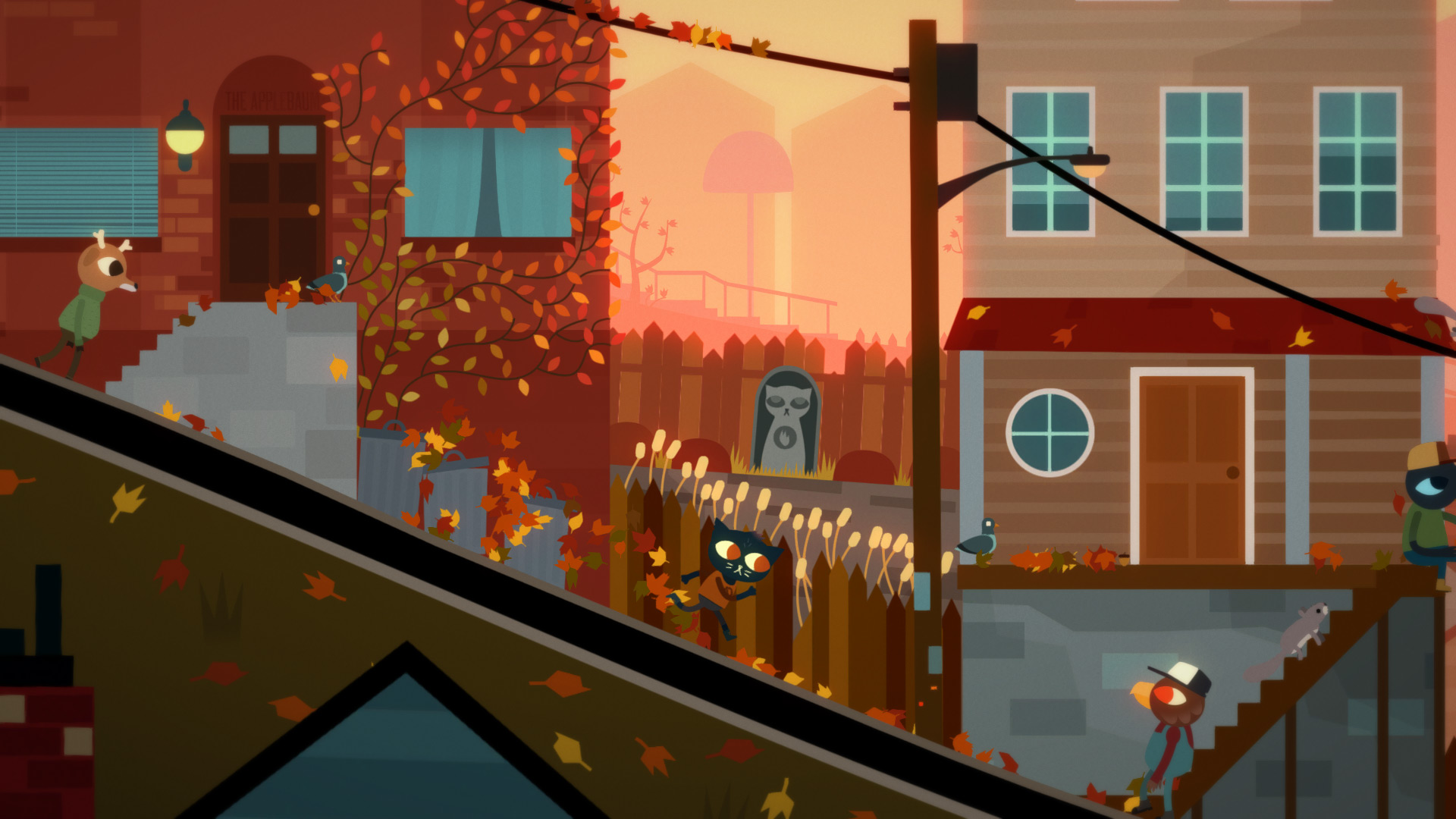 Night in the Woods Mae the cat walking through Possum Springs in autumn