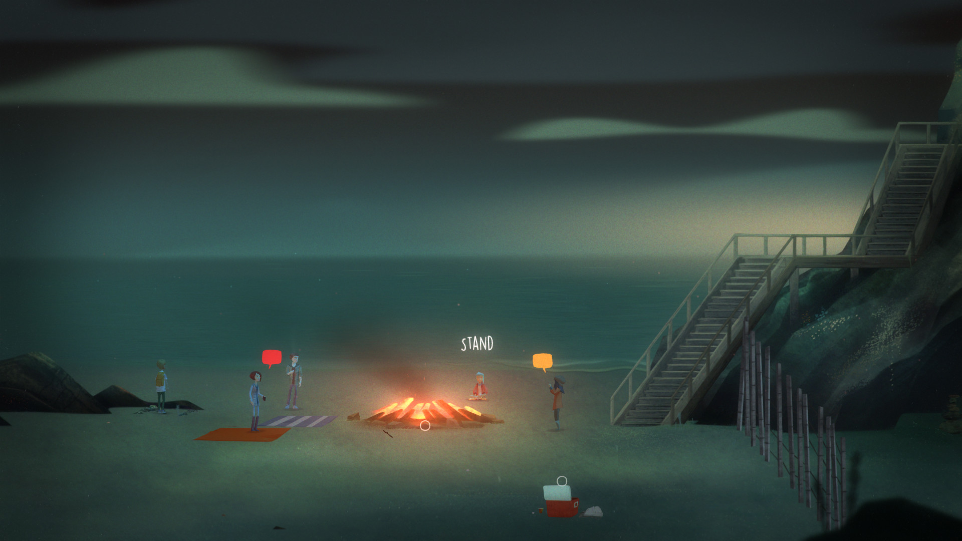 Oxenfree teens on a dark island beach with a glowing ghostly rift