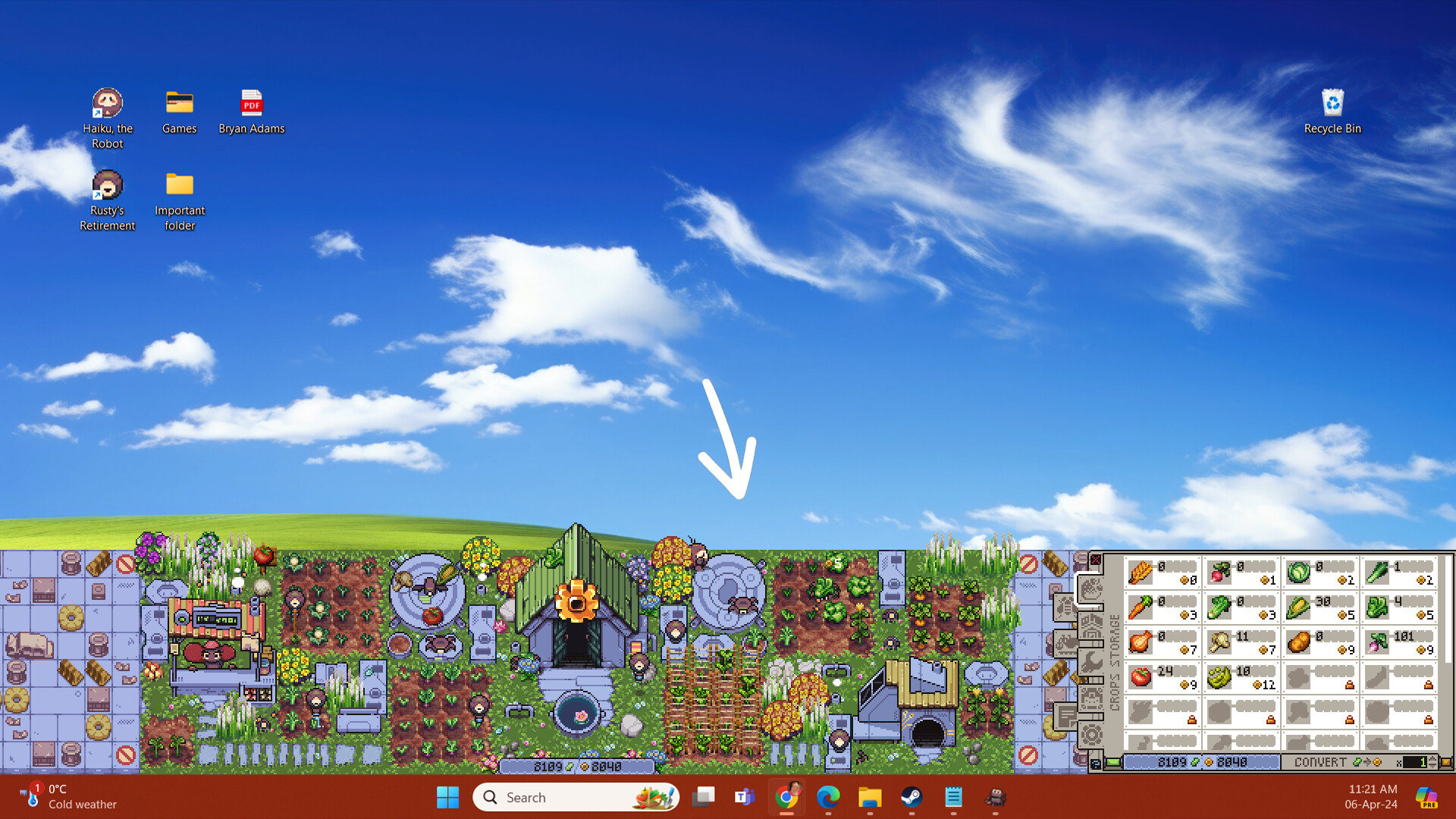 Rusty's Retirement tiny robot farm at the bottom of a screen