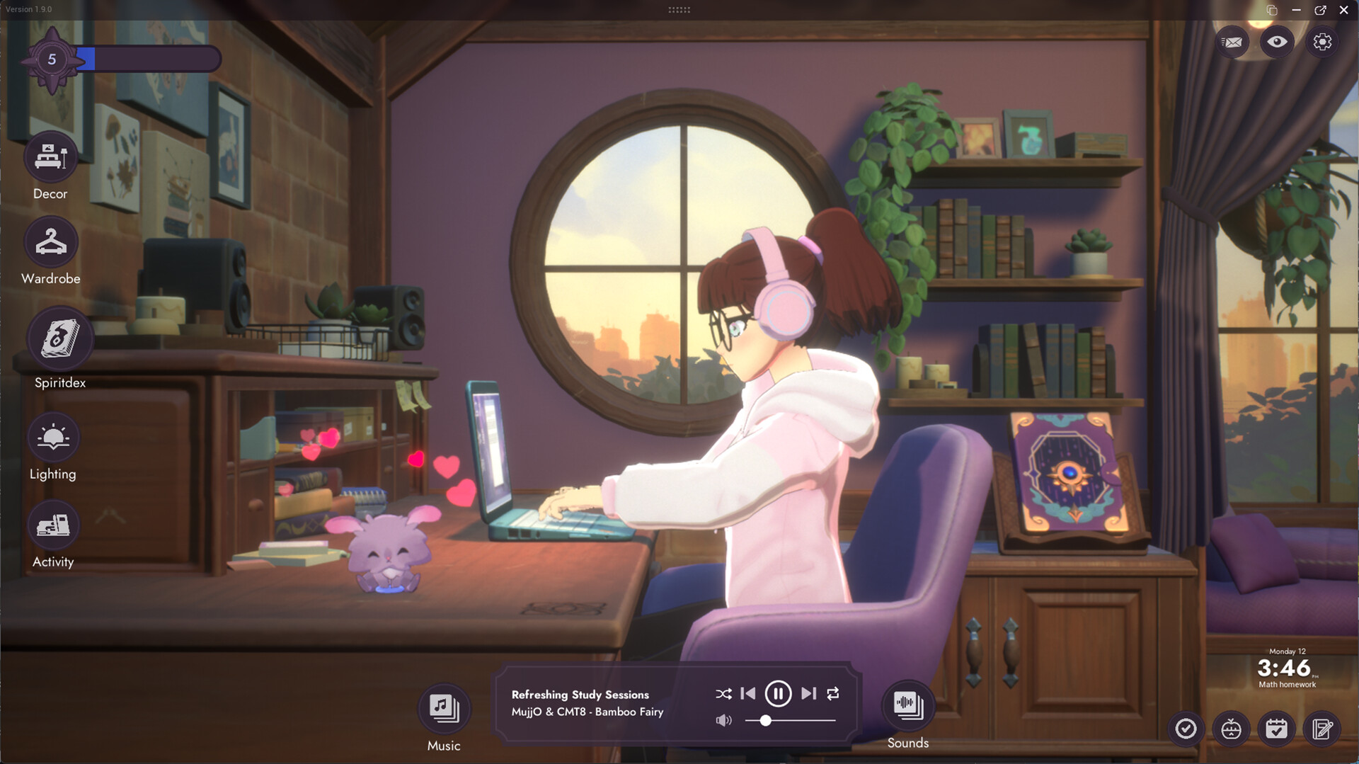 Spirit City: Lofi Sessions study room with a character at a desk, a focus timer and a spirit companion