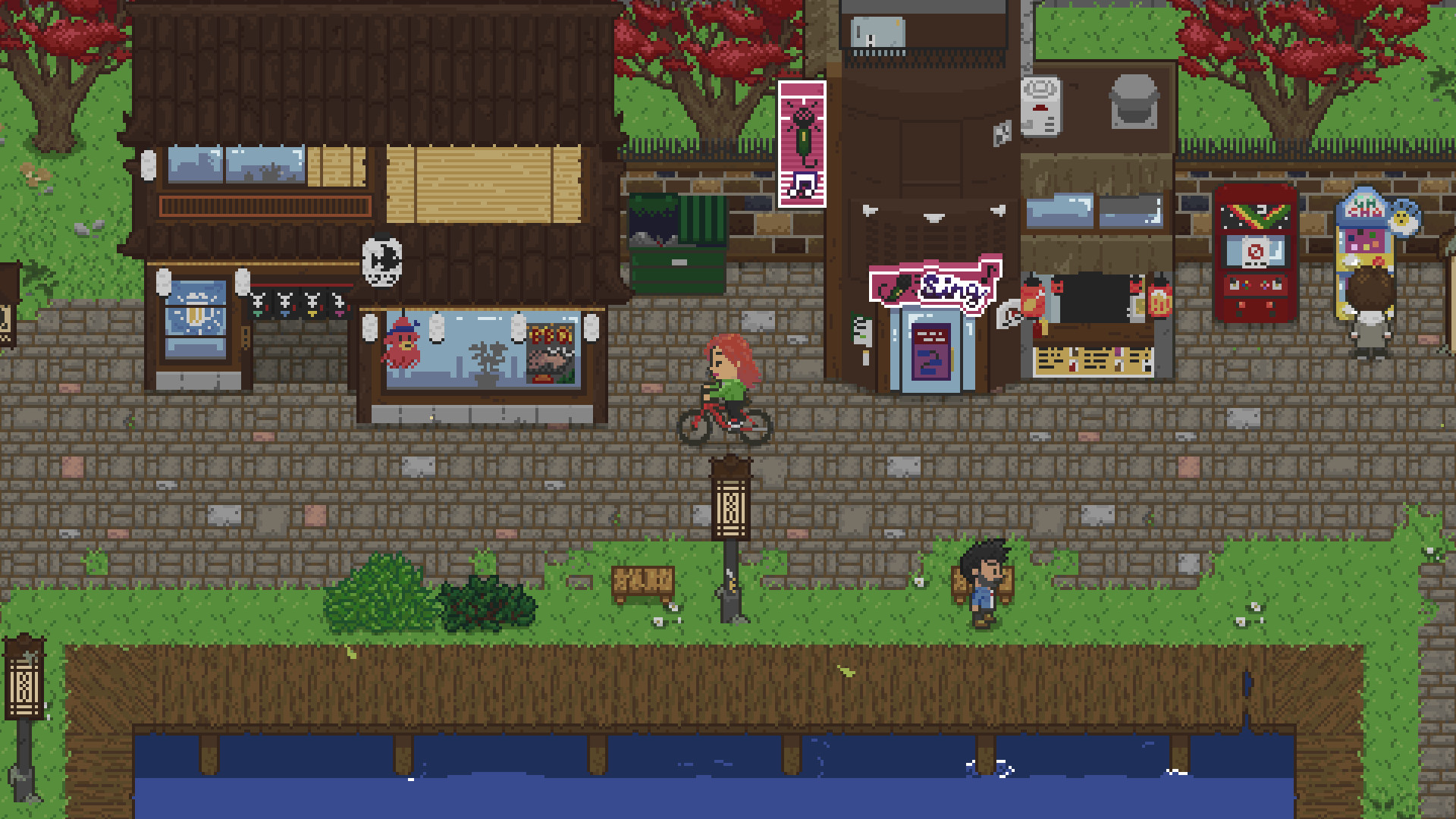 Spirittea pixel-art bathhouse with spirit guests in a small town