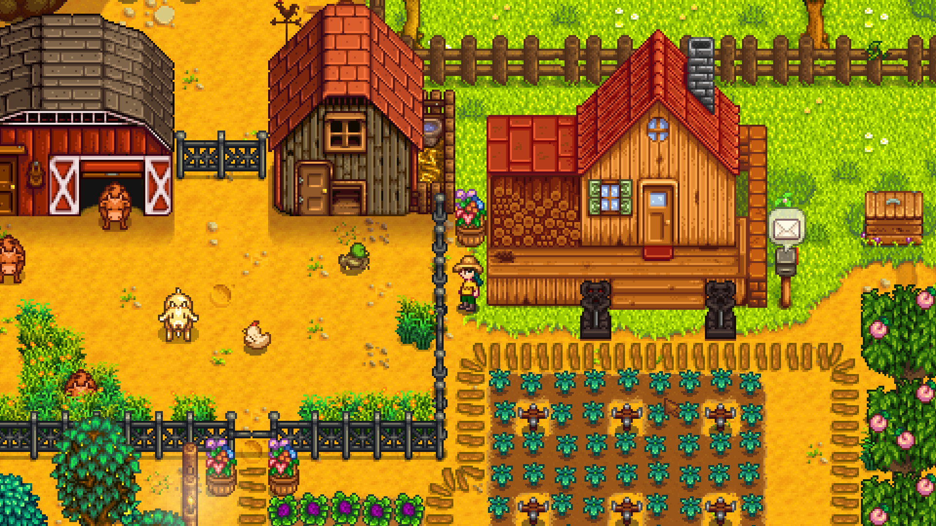 Stardew Valley farm in summer with rows of crops, a farmhouse and a barn