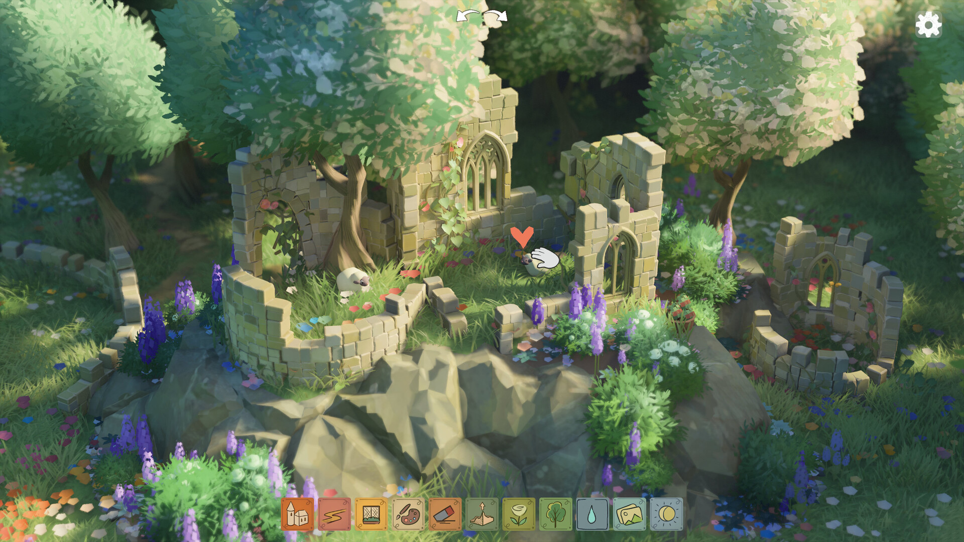 Tiny Glade stone castle with ivy-covered towers and a winding path on a green meadow