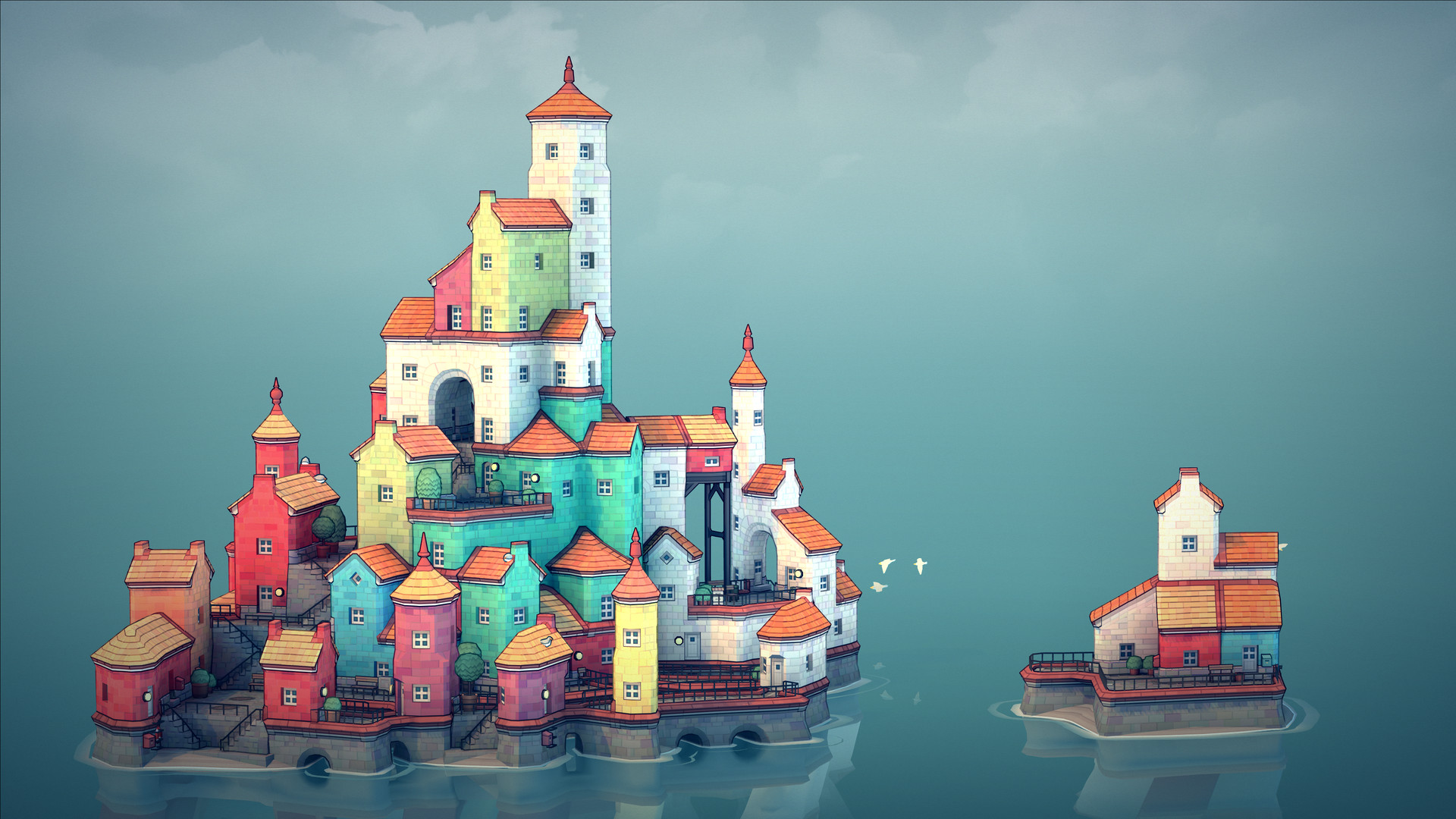 Colorful Townscaper harbor town with stacked houses and arches rising out of the sea