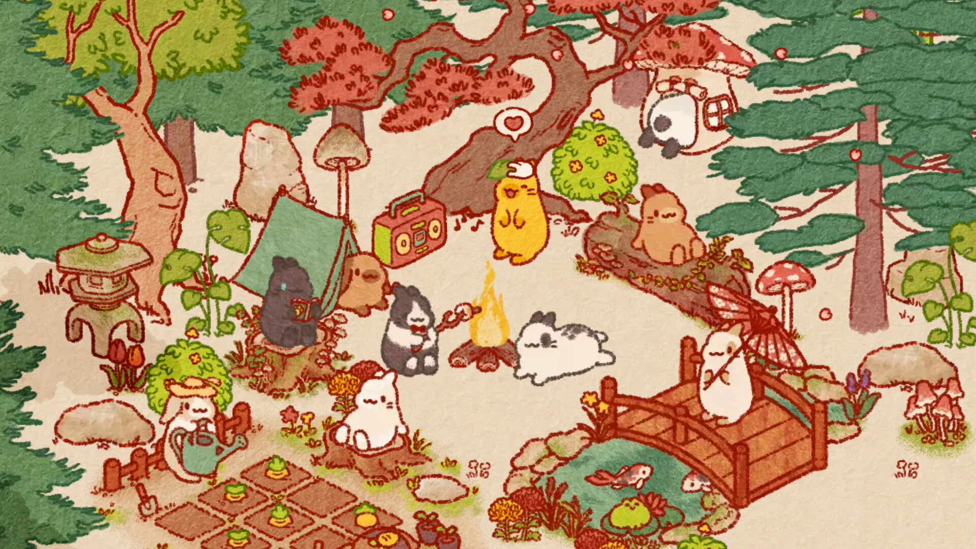 Usagi Shima bunnies gathered around toys and treats on a pastel island