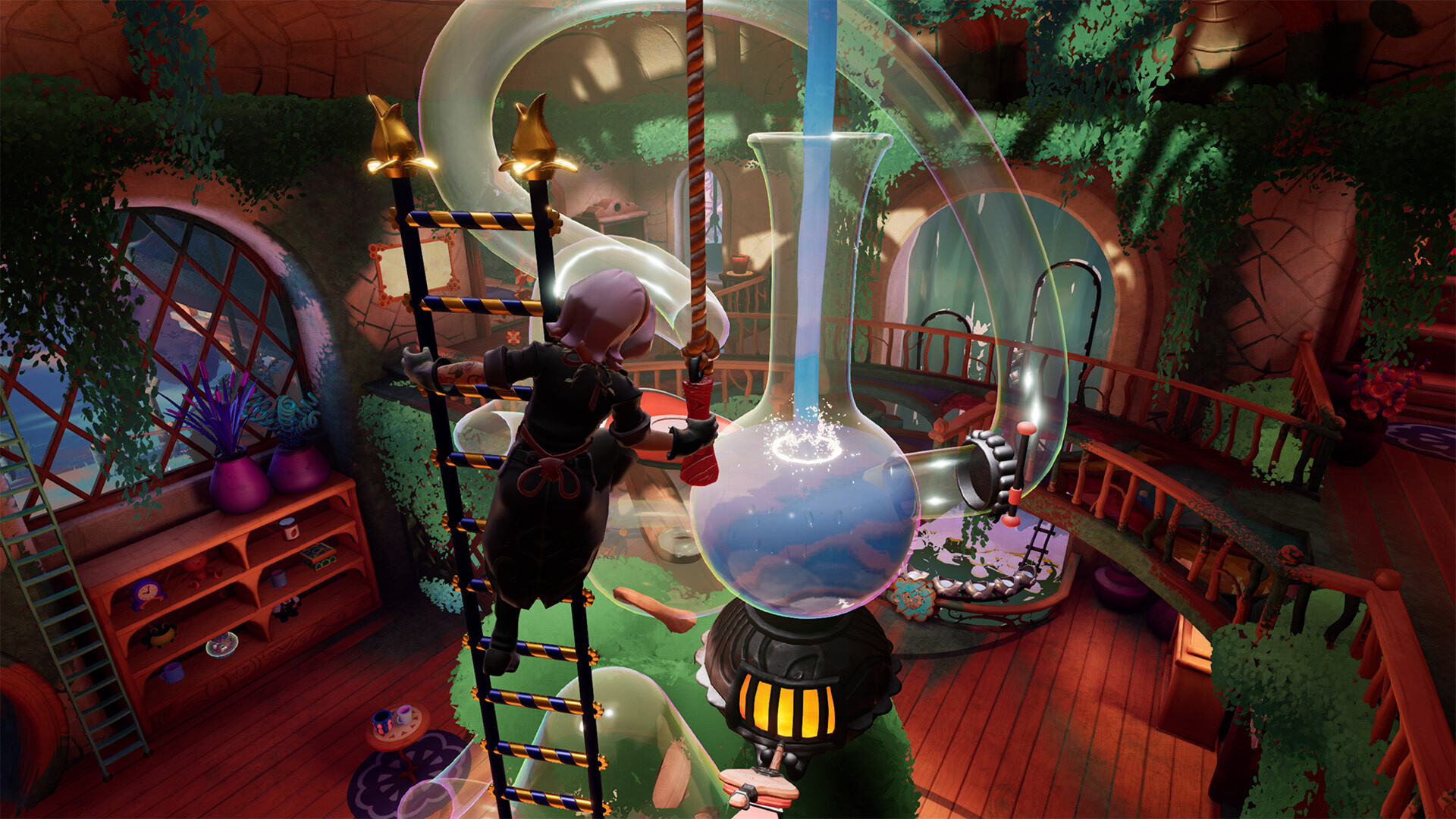 Wanderstop tea shop in a magical forest clearing surrounded by giant plants